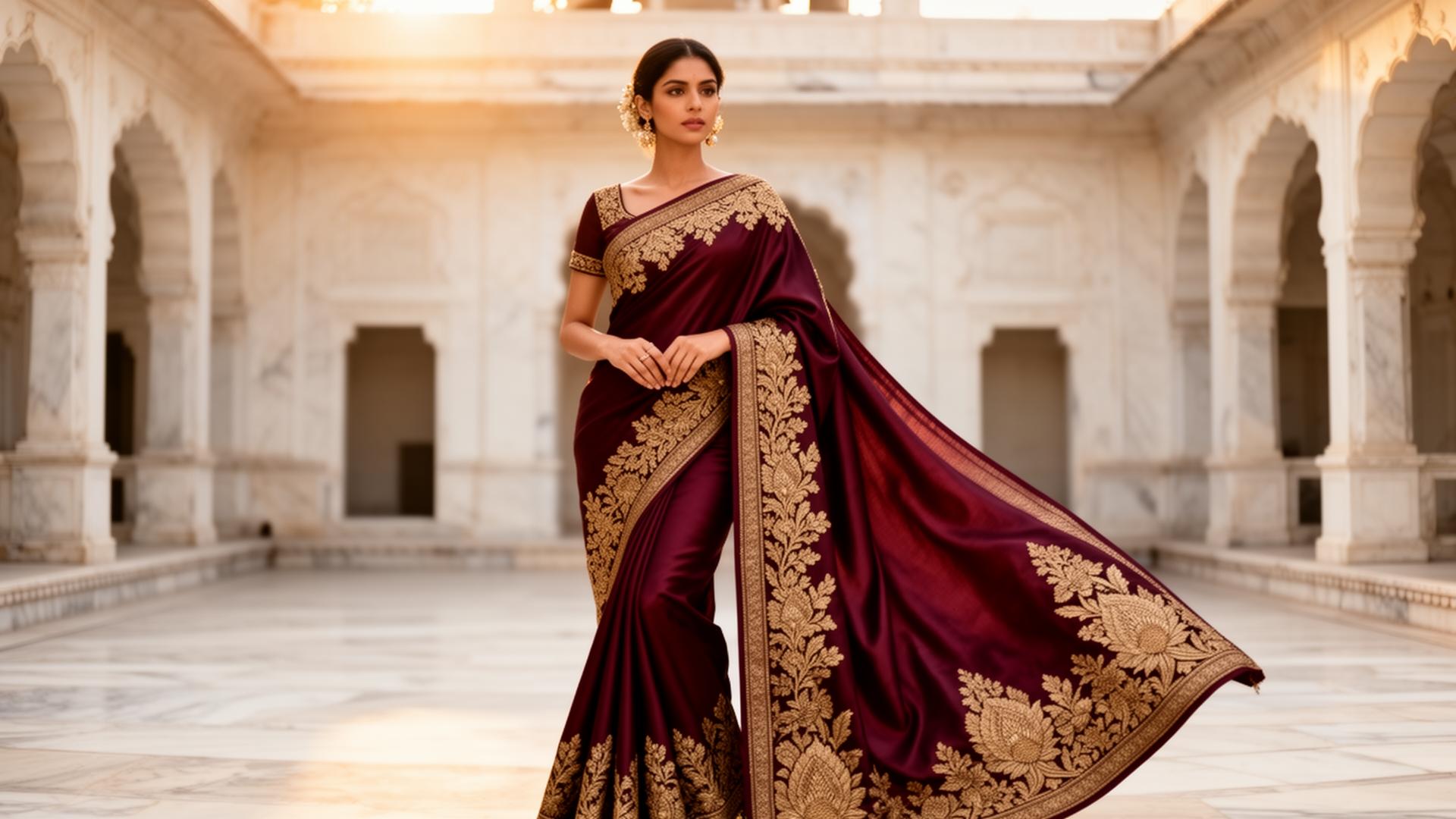 Woman in handwoven maroon Banarasi saree in a marble courtyard